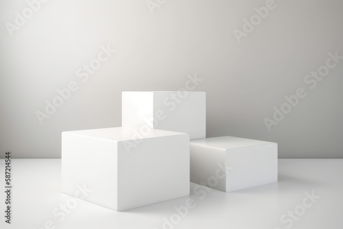 White square podium on white background. Showcase for cosmetic products, goods, shoes, bags, watches. Generative AI.