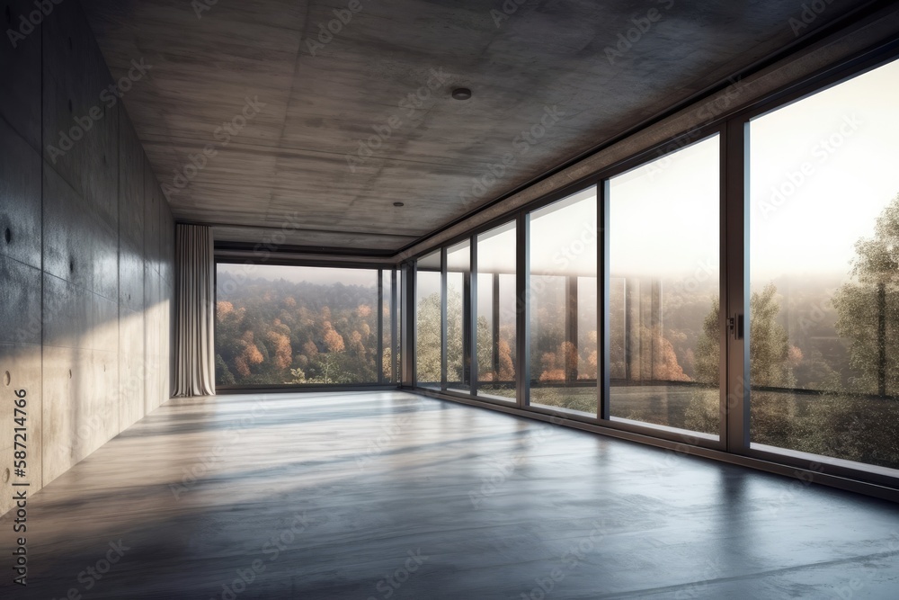 empty room with expansive windows offering a breathtaking view of a lush forest. Generative AI empty room with expansive windows offering a breathtaking view of a lush forest. Generative AI