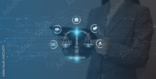 Internet law concept.Cyber Law as digital legal services Labor law, Lawyer, on Dark Blue blurred background.	