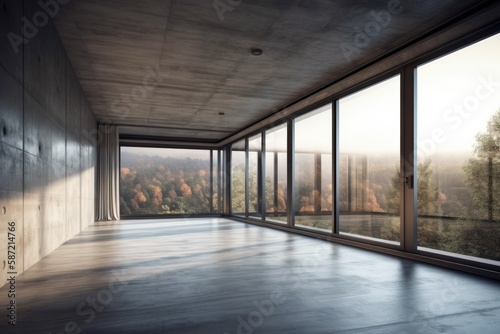 empty room with expansive windows offering a breathtaking view of a lush forest. Generative AI