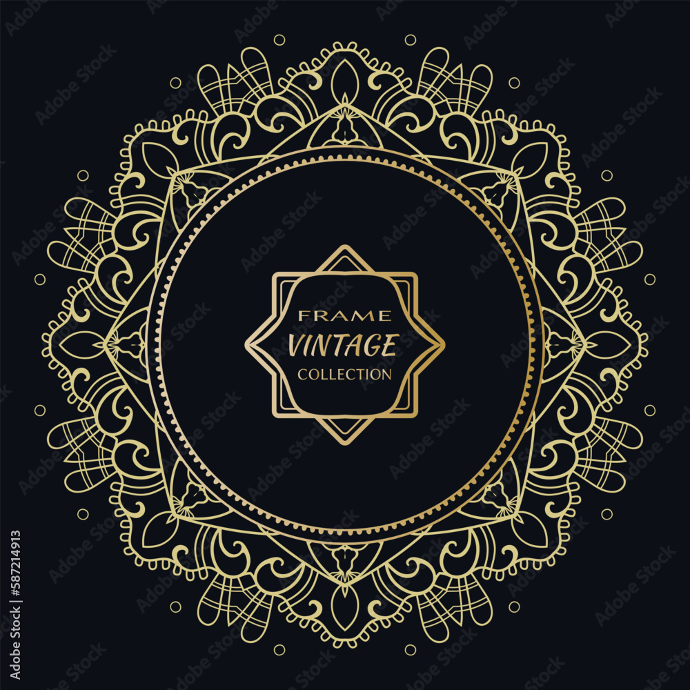 Golden frame template with label and Vintage sign. Decorative line art border, geometric round ornament, linear circular motif. Isolated design element, gold on black background. Elegant fashion lace
