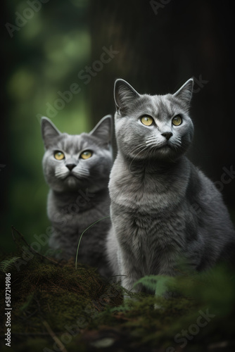 two cats in the grass, spring, forest, dark, grey
