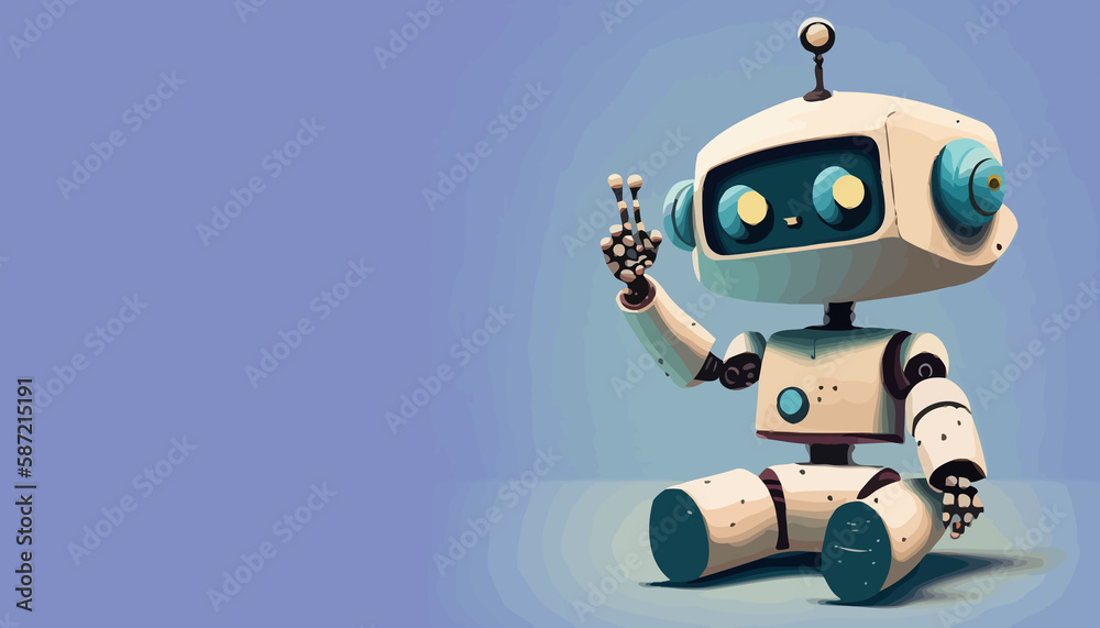A cute robot sits on the floor and points his finger upwards. Neutral background. Vector style. Space for text. A cute robot sits on the floor and points his finger upwards. Neutral background. Vector style. Space for text.