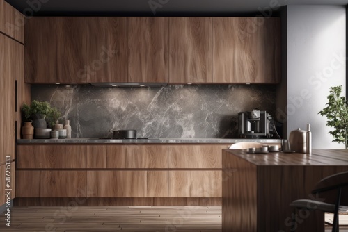 Gray kitchen counter in a chic room with wooden cabinets and gray walls. Image of a comfortable home. a mockup. Generative AI