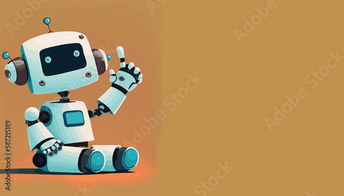 A cute robot sits on the floor and points his finger upwards. Neutral background. Vector style. Space for text.