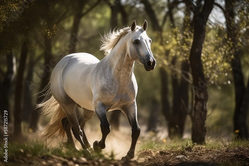 Purebred A Spanish horse trots on a shaded field with a sunlit woodland in the backdrop. Generative AI