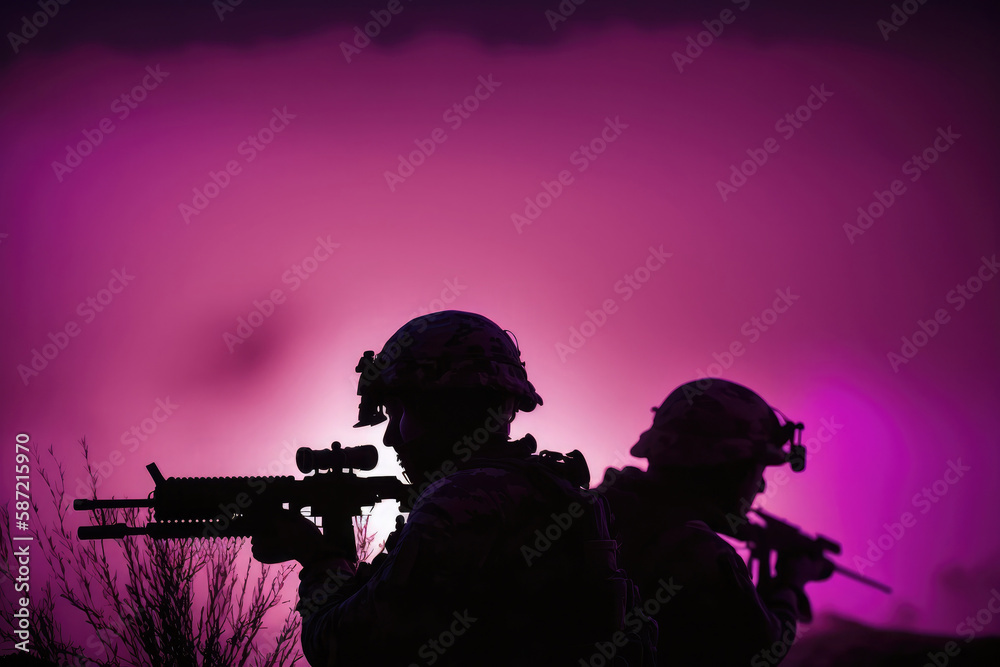 AI generated silhouettes of army soldiers attacking in smoke against sunset marines team in action