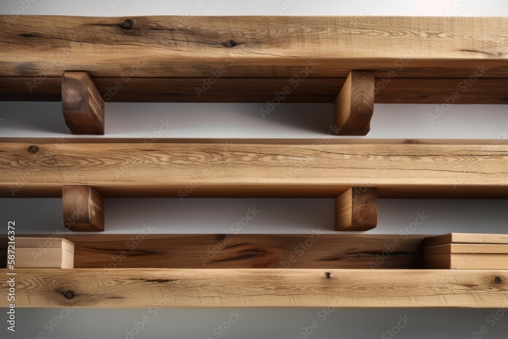 shelves made of wood set apart on white. rough, unfinished timber plank with the hue, fissures