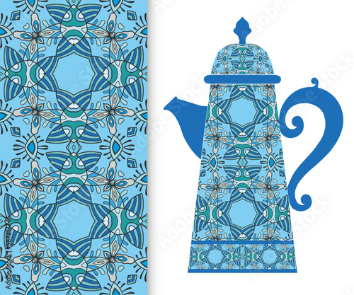 Teapot with decorative ornament and vertical floral geometric seamless pattern, hand drawn repeating texture for Wedding, Bridal, Valentine's day or Birthday Invitations. Fabric or paper print