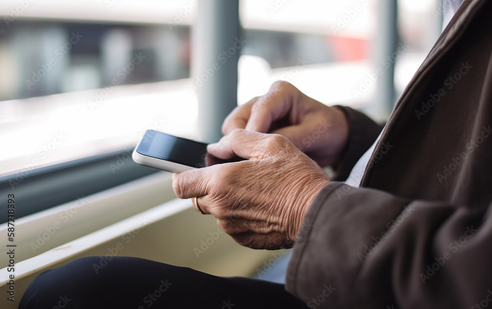 Senior older hands using a smart phone in a seated waiting area like at an airport or train station. Generative AI