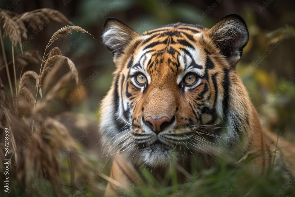 Obraz premium Tiger in the grass portrait. Generative AI