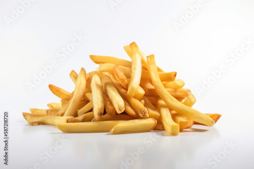 Fried hanging french fries with salt in a pile on a white background isolate. AI generated.