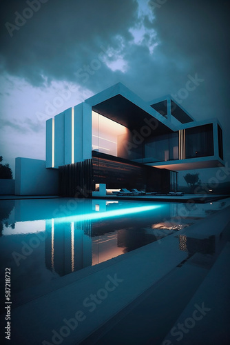modern cozy house by the river with garage for sale or rent with beautiful mountains on background. Clear summer night with stars on the sky. Cozy warm light from window. Generative AI. © VICHIZH
