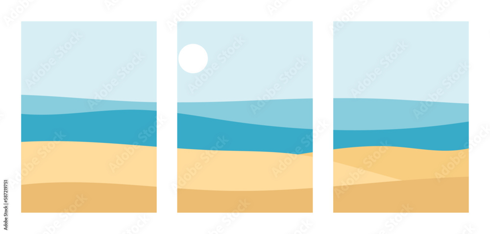 Beautiful summer sea landscape, contemporary posters with beach, sand, sky, sun, ocean. Vector illustration