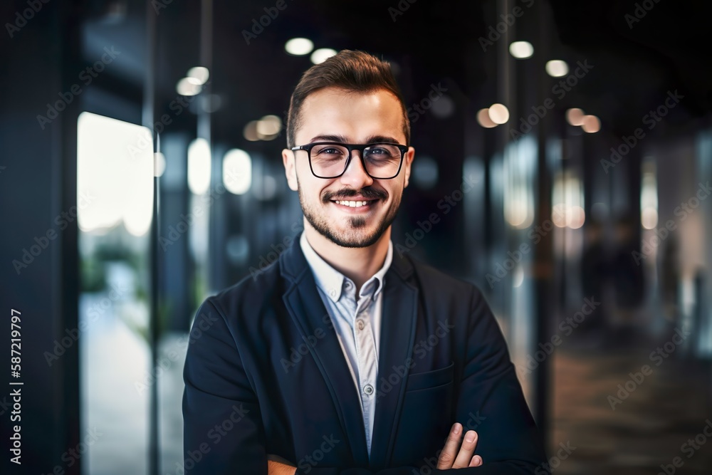 Confident businessman conquers modern office space.
Generative AI Confident businessman conquers modern office space.
Generative AI