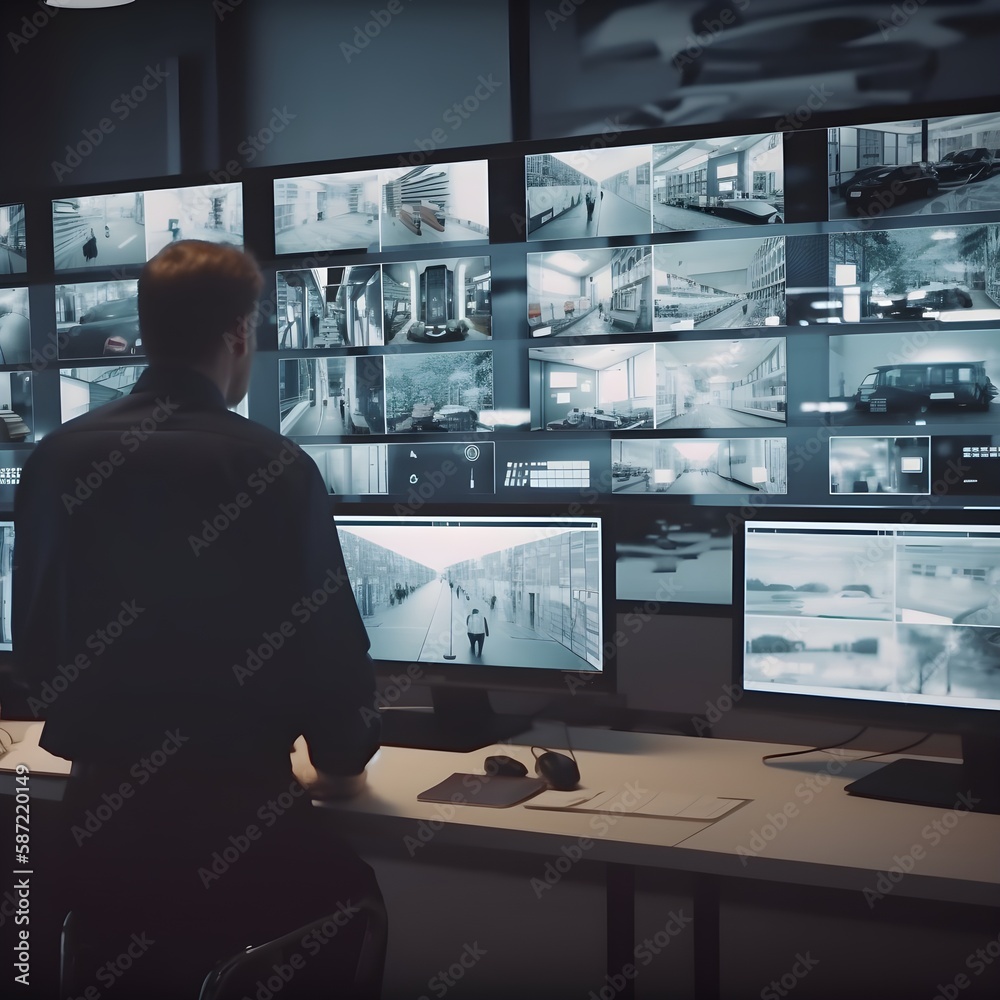 A security guard monitoring multiple screens in a control room, watching the movements of people in a high-security building, Generative AI A security guard monitoring multiple screens in a control room, watching the movements of people in a high-security building, Generative AI