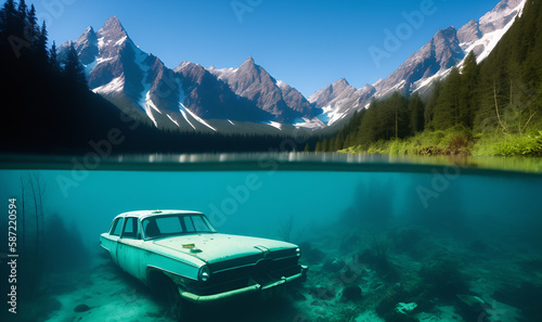 Old abandoned car in the alpine lake. Generative AI