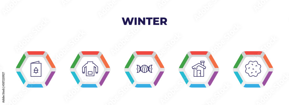 editable outline icons with infographic template. infographic for winter concept. included christmas card, winter clothes, candy, winter cabin, snow ball icons. editable outline icons with infographic template. infographic for winter concept. included christmas card, winter clothes, candy, winter cabin, snow ball icons.