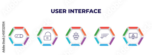 editable outline icons with infographic template. infographic for user interface concept. included activated, unblocked, horizontal alignment, sort down, error page icons.