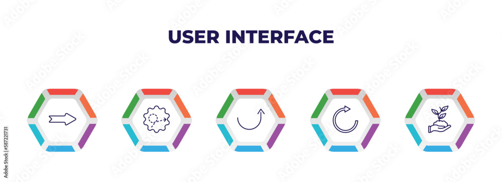 editable outline icons with infographic template. infographic for user interface concept. included right drawn arrow, scribble broken line, semicircular up arrow, rotate arrow, hand and sprout editable outline icons with infographic template. infographic for user interface concept. included right drawn arrow, scribble broken line, semicircular up arrow, rotate arrow, hand and sprout