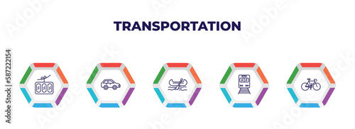 editable outline icons with infographic template. infographic for transportation concept. included funicular railway, compact car, gondola, train front, vintage bicycle icons.