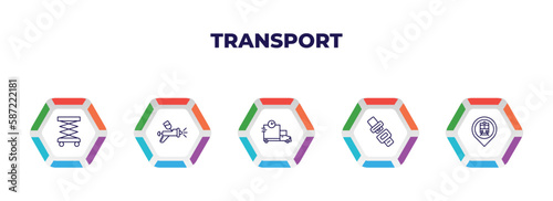 editable outline icons with infographic template. infographic for transport concept. included lifter, car painting, shipping and delivery, seatbelt, tram stop icons.