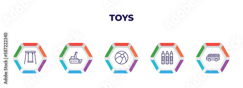 editable outline icons with infographic template. infographic for toys concept. included swing toy, boat toy, beach ball toy, crayons bus icons.
