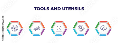 editable outline icons with infographic template. infographic for tools and utensils concept. included bold, megaphone side view, clocks, electric bell, up arrow and cloud icons.