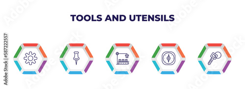 editable outline icons with infographic template. infographic for tools and utensils concept. included , tack save button, packing hine, cardinal points, key ring icons.