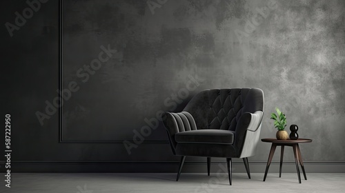 Living room with black armchair on empty gray wall. Generative AI