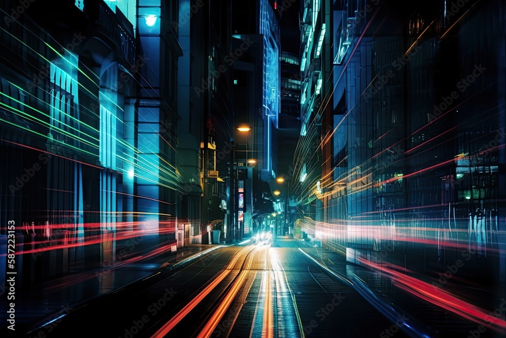 Background of an abstract metropolitan street at night. urban lighting for contemporary structures. Light trails left behind by a camera zooming have a futuristic appearance. Generative AI