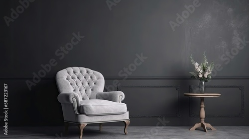 Living room with white armchair on empty gray wall. Generative AI © AdriFerrer