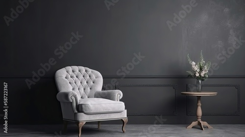 Living room with white armchair on empty gray wall. Generative AI