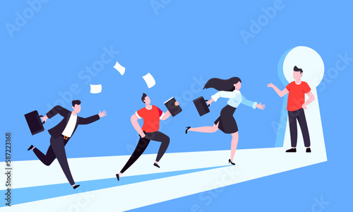 Unlock your opportunity concept with keyhole and ambitious people running to career potential and work financial success flat style vector illustration. New way business beginnings and unlock future. © Konstantin