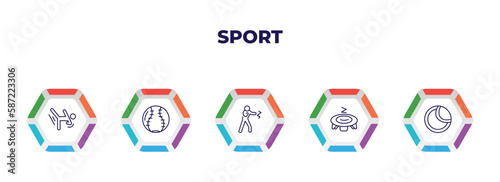 editable outline icons with infographic template. infographic for sport concept. included aikido, softball, kickboxing, trampolining, tennis ball icons.