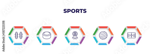 editable outline icons with infographic template. infographic for sports concept. included shin guards, hockey puck, third, gym ball, basketball court icons.