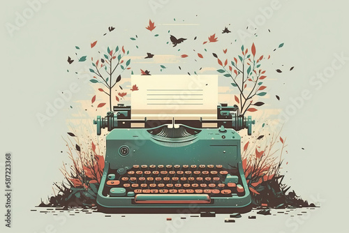 Retro mechanical typewriter for writing a good inspiration story in autumn, cartoon illustration generative AI. Vintage equipment for home office