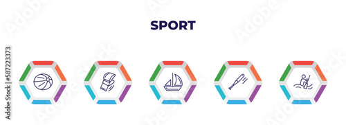 editable outline icons with infographic template. infographic for sport concept. included handball, mixed martial arts, sailboat sport, baseball bat, canoe sport icons.