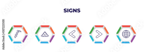 editable outline icons with infographic template. infographic for signs concept. included snake, tent, is less than, is greater than, grid world icons.