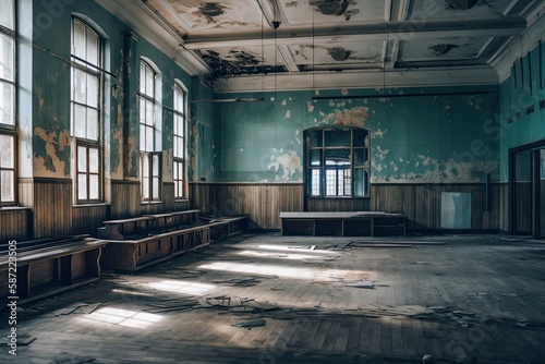 interior of old abandoned Gym for ballet training. An old abandoned ballet studio, an impostor class. abandoned gym of Soviet building of times interior of an old abandoned building. Ballet room
