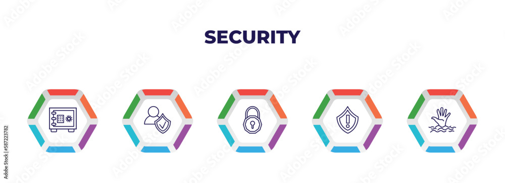 editable outline icons with infographic template. infographic for security concept. included safe box, user protection, padlock unlocked, security warning, drowning icons.