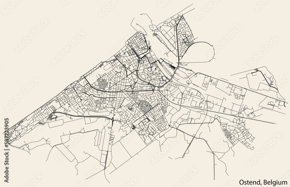Detailed hand-drawn navigational urban street roads map of the Belgian city of OSTEND, BELGIUM with solid road lines and name tag on vintage background