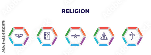 editable outline icons with infographic template. infographic for religion concept. included sufism, holy scriptures, faravahar, caodaism, catholicism icons.