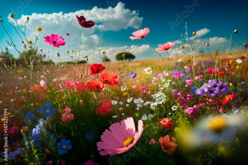 Floral field of bright spring plants of different colors, summer meadow landscape with flowers and blue sky sun. Generative AI.