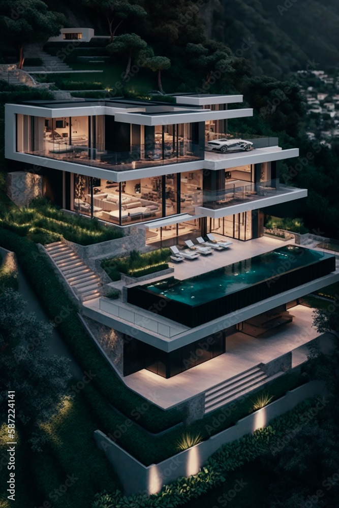 Fototapeta premium modern cozy house by the river with garage for sale or rent with beautiful mountains on background. Clear summer night with stars on the sky. Cozy warm light from window. Generative AI.