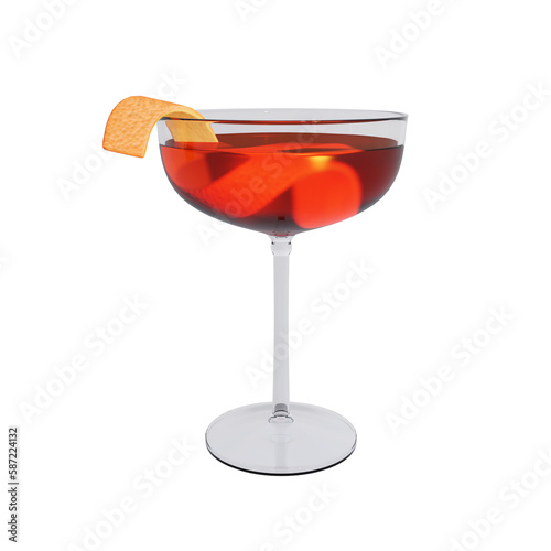 Martinez cocktail with gin vermouth and orange Peel. 3d rendering