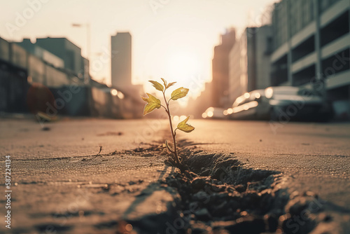 young evolving plant seedling growing out of craced concrete with city skyline in the background symbolizing nature taking back the rural environment, generative AI