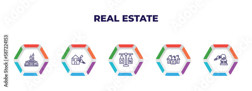editable outline icons with infographic template. infographic for real estate concept. included industrial park, rent, juridical, houses, house key icons.
