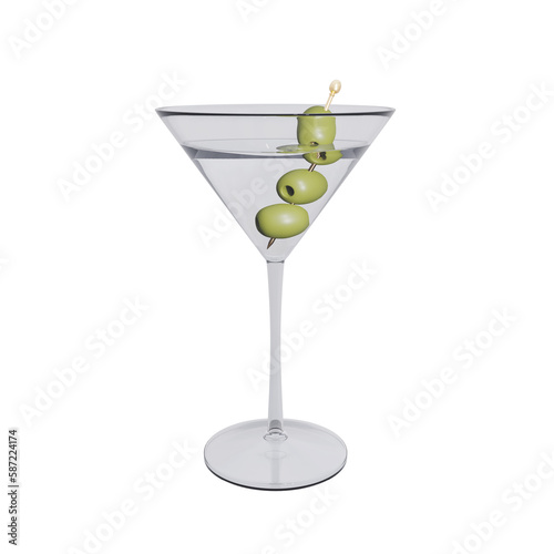 Martini cocktail with green olives. 3d rendering