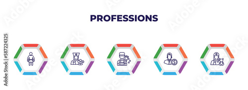 editable outline icons with infographic template. infographic for professions concept. included boxer, pharist, painter, accountant, pediatrician icons.